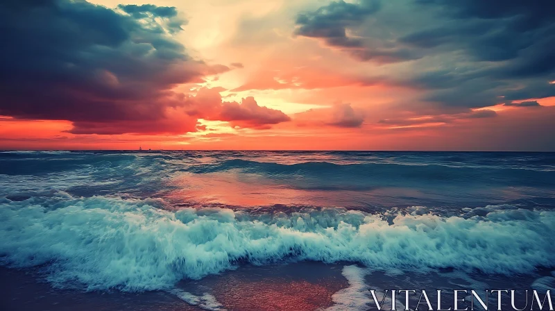 Sunset Seascape with Crashing Waves AI Image