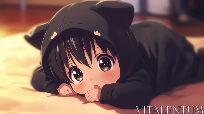 AI ART Cute Anime Child Wearing Cat Ears Hoodie