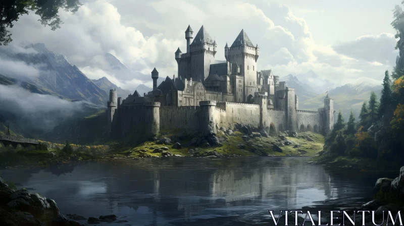 Fantasy Castle in Mountain Landscape AI Image