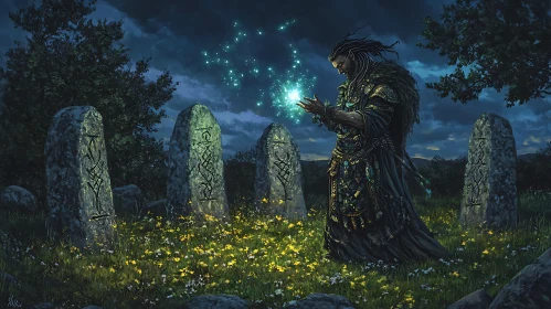 Mystic Man Casting Spell Near Ancient Stones