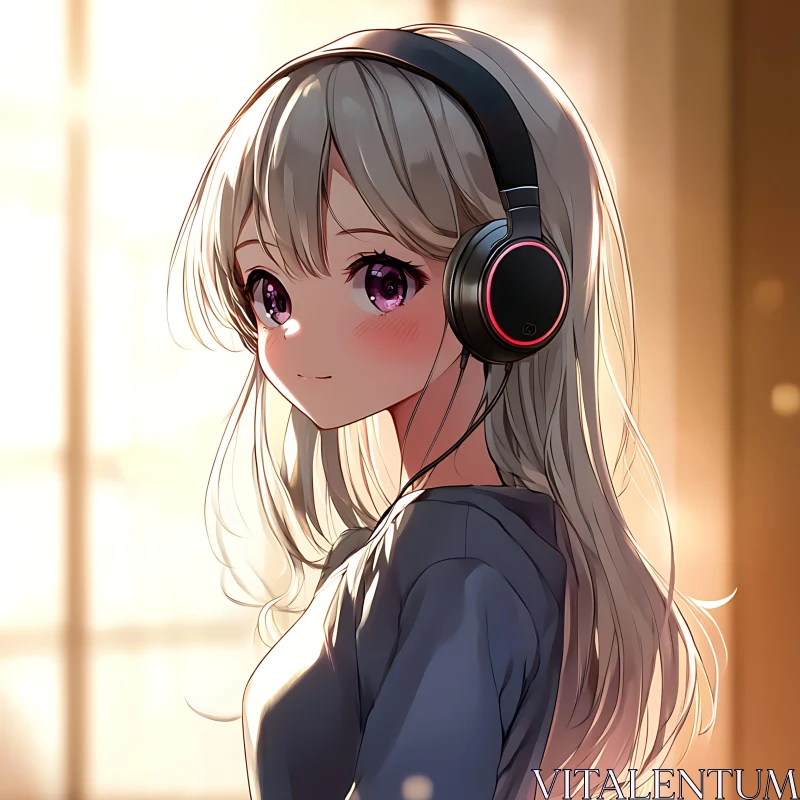 Sunlit Anime Girl with Blonde Hair and Headphones AI Image