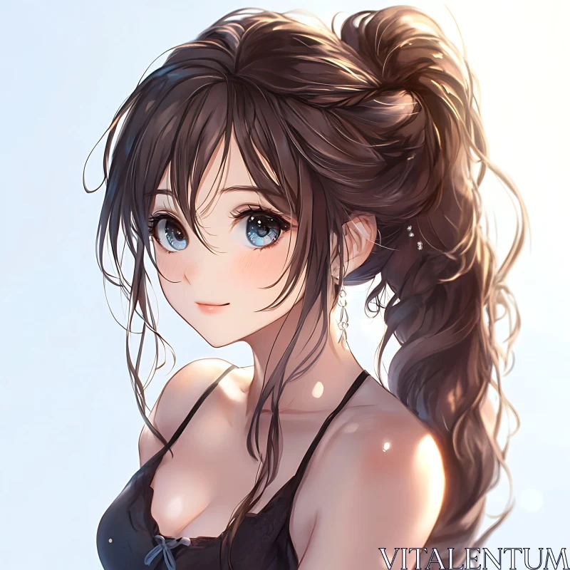 Charming Anime Girl with Ponytail and Earrings AI Image