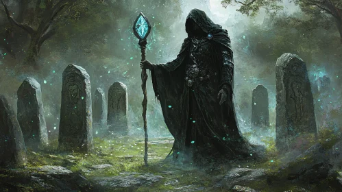 Cloaked Figure with Staff in Graveyard