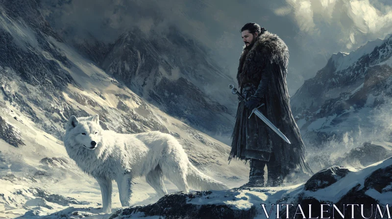 AI ART Snowy Mountain Guardian and Loyal Wolf