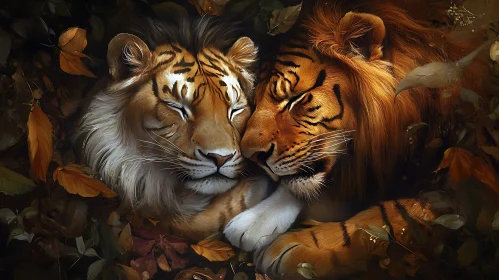 Peaceful Embrace: Lion and Tiger Artwork