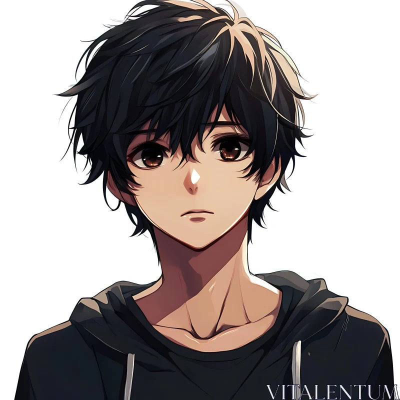 Young Anime Boy with Black Hair and Brown Eyes AI Image