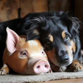 Piglet and Dog Companionship in Barn