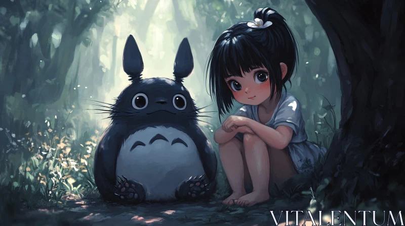 AI ART Mysterious Forest Companions - Anime Girl and Creature