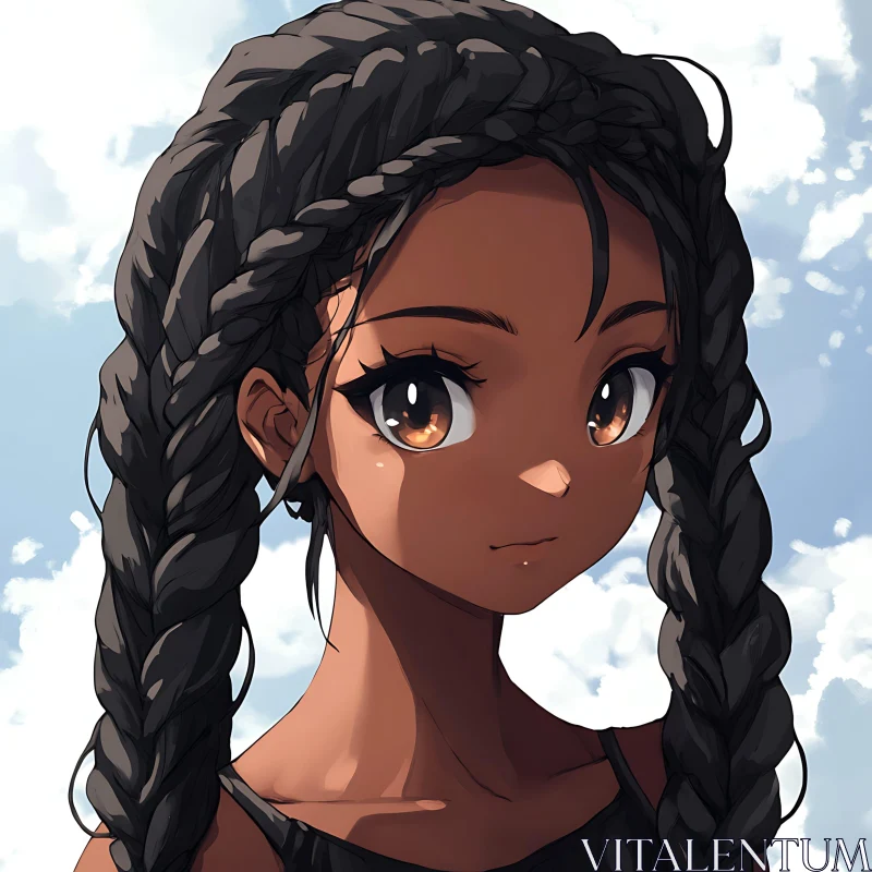 AI ART Character with Braids and Cloudy Sky Background