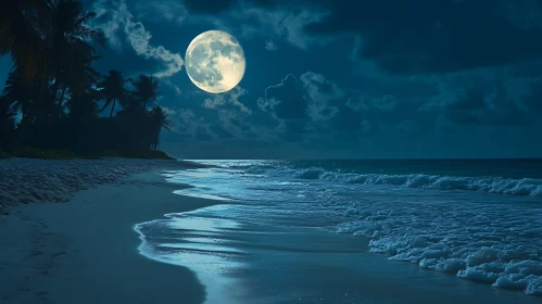 Nighttime Beach Scene with Full Moon