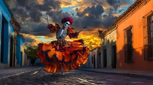 Dancing Skeleton in Colorful Dress