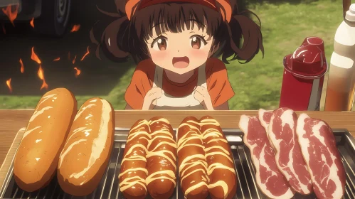 Anime Girl and Delicious Spread of Bread and Meats