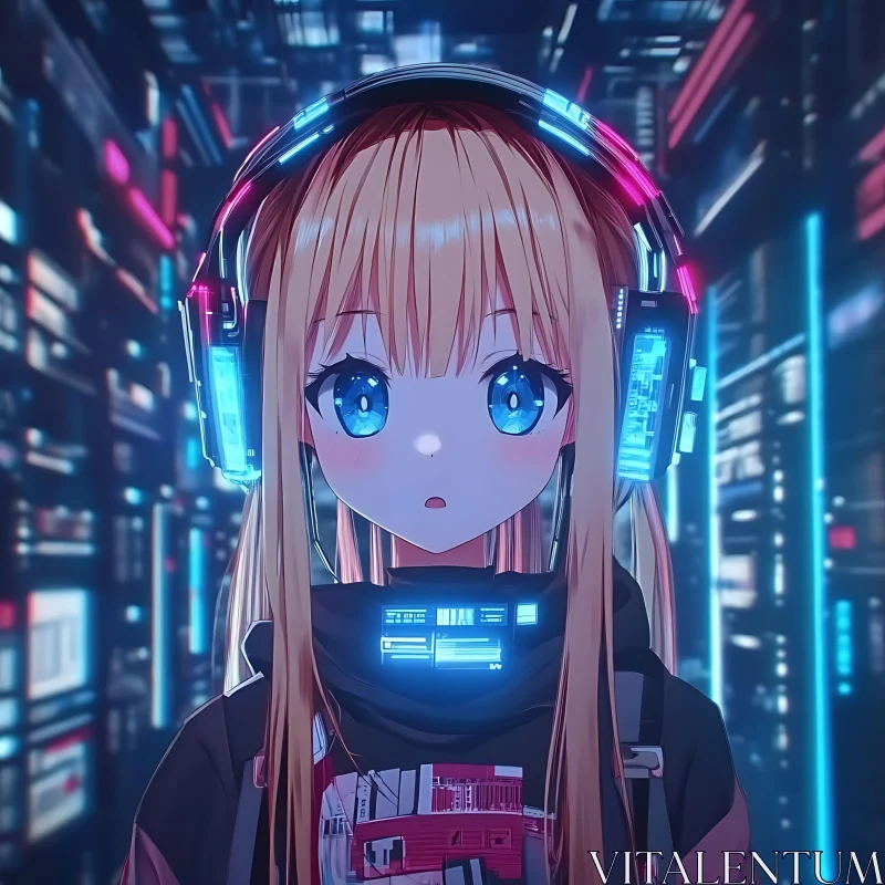 Cyberpunk Anime Girl with Glowing Headphones AI Image