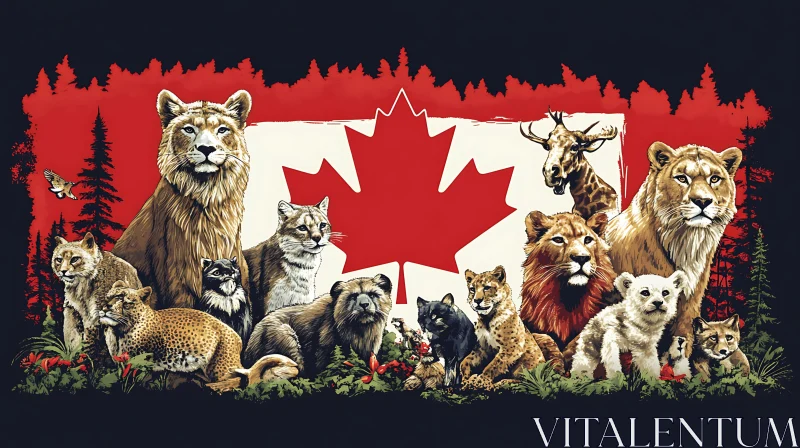 Big Cats with Canadian Flag Backdrop AI Image