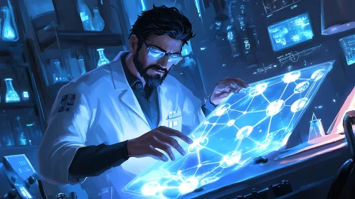 Scientist Analyzing Data on Glowing Screen