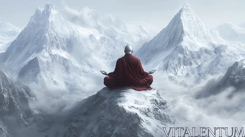 Monk Meditating in the Snowy Mountains AI Image