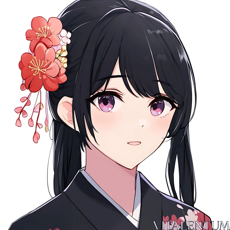 Anime Girl in Black Kimono AI Image