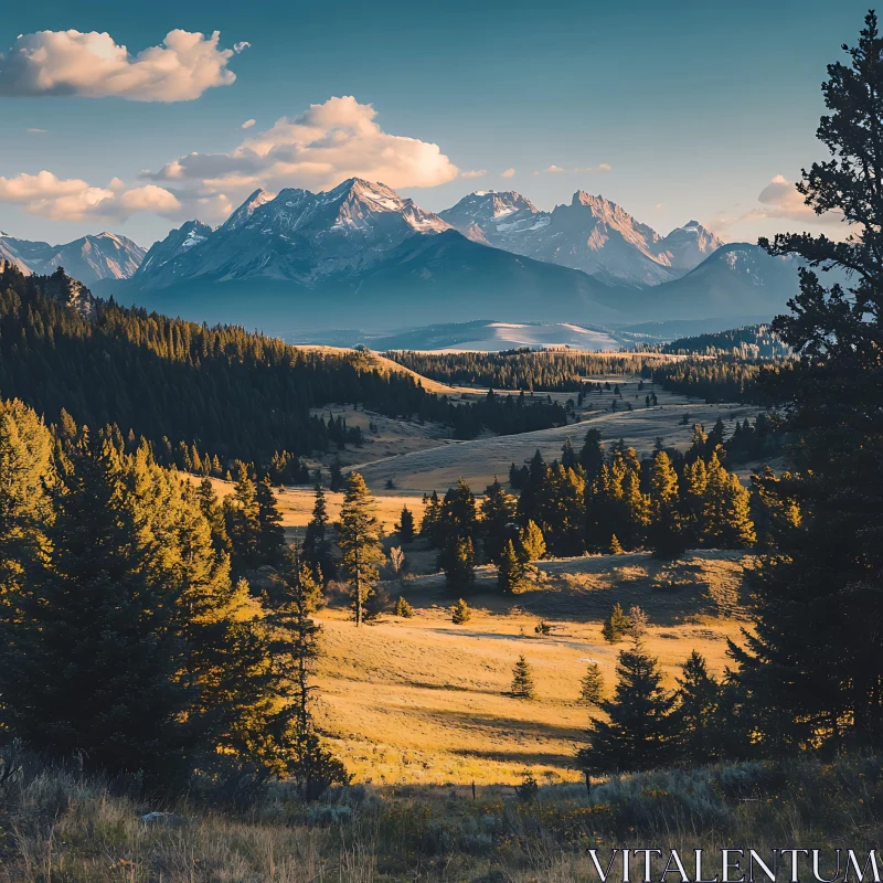 Serene Mountain Vista with Golden Field AI Image