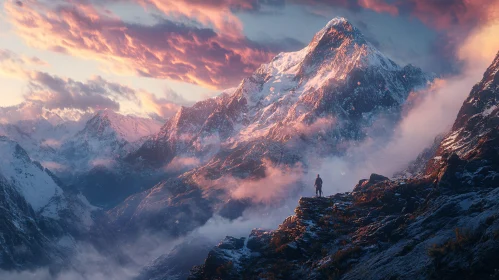 Snowy Mountain Landscape with Lone Hiker