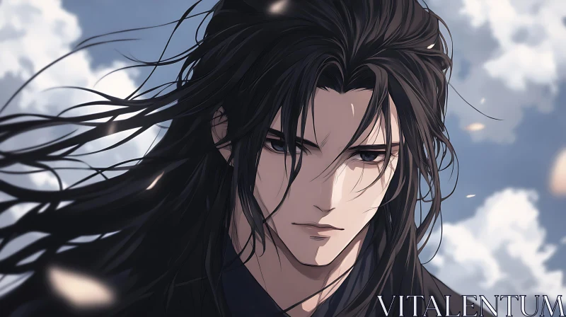 Anime Character with Long Black Hair and Cloudy Sky AI Image