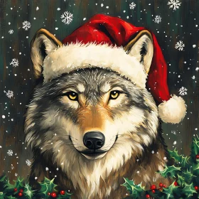 Holiday Wolf with Christmas Hat