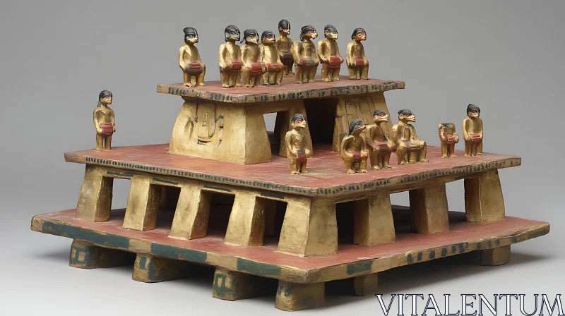 Wooden Sculpture with Figures on Levels AI Image