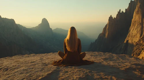 Woman Meditating on Mountain Peak