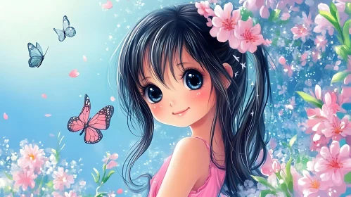 Springtime Anime Girl with Butterflies and Flowers