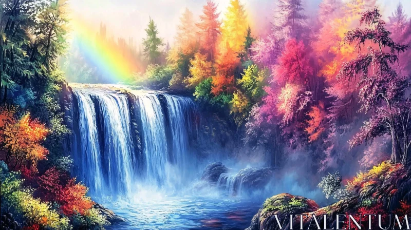 Majestic Fall Season Waterfall with Rainbow AI Image