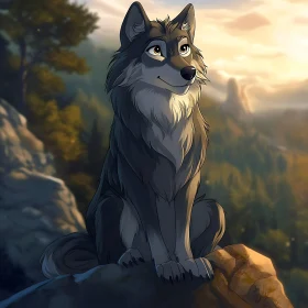 Wolf on Rock in Forest Scenery