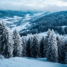 Snow-Covered Mountains and Frosty Pine Trees in a Winter Wonderland