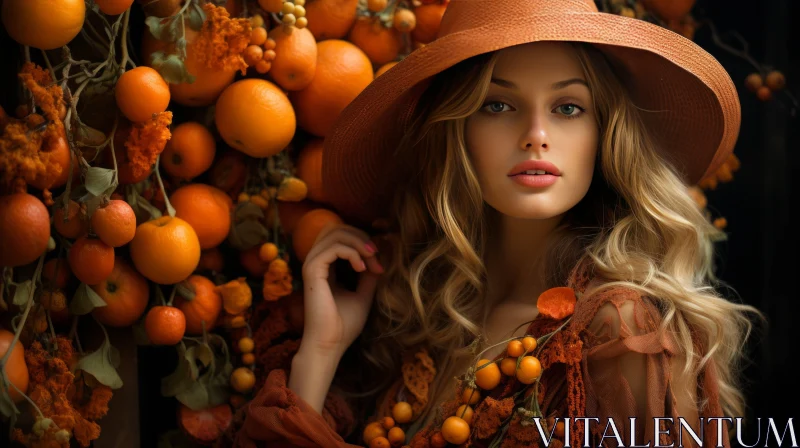 Beautiful Woman in Hat Surrounded by Oranges - Earthy Elegance Style AI Image