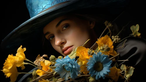 Beautiful Woman with Blue Hat and Flowers - Realistic Fantasy Artwork