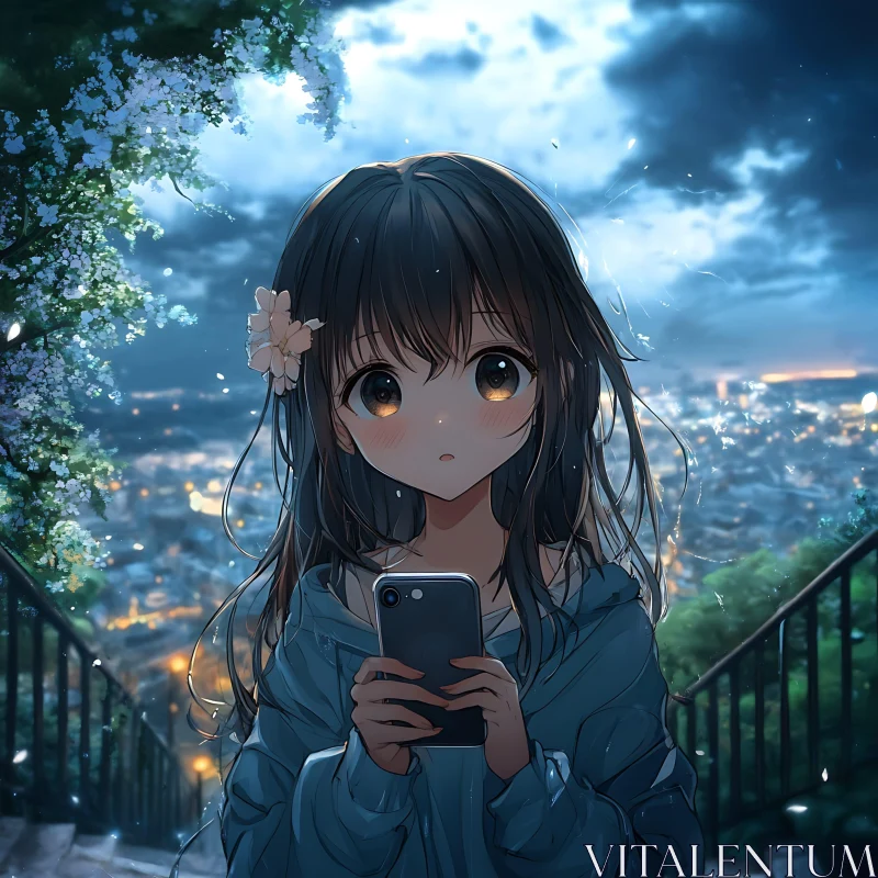 Young Anime Girl with Smartphone Under Moonlit Sky AI Image