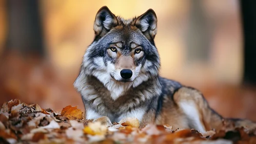 Resting Wolf in Fall Foliage