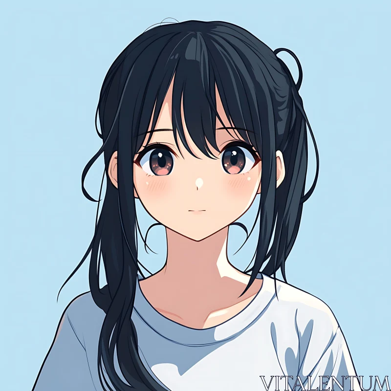 Anime Girl with Calm Expression Against Blue Background AI Image