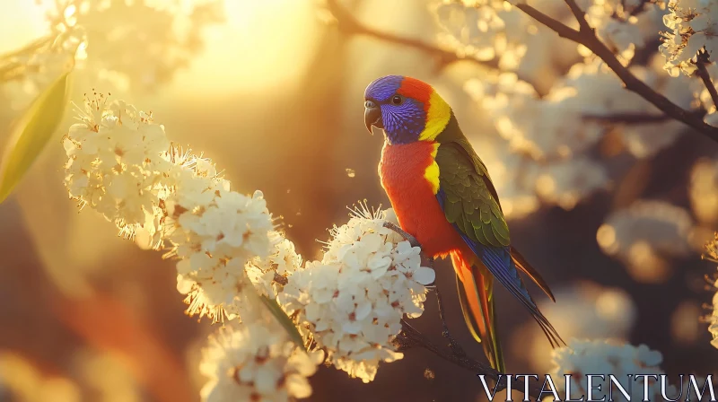 AI ART Parrot Amidst Blossoms in Sunset Glow