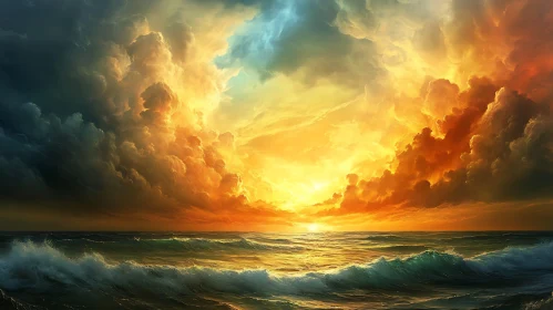 Seascape at sunset with golden clouds