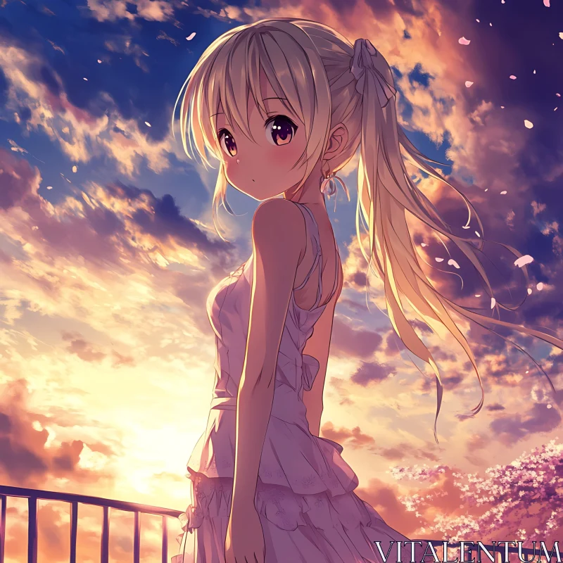 Blonde Anime Girl in White Dress at Sunset AI Image