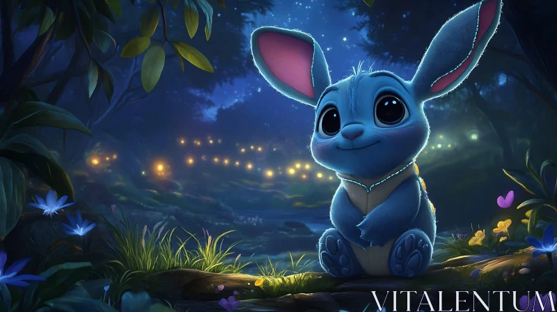 Whimsical Blue Bunny Forest Scene AI Image