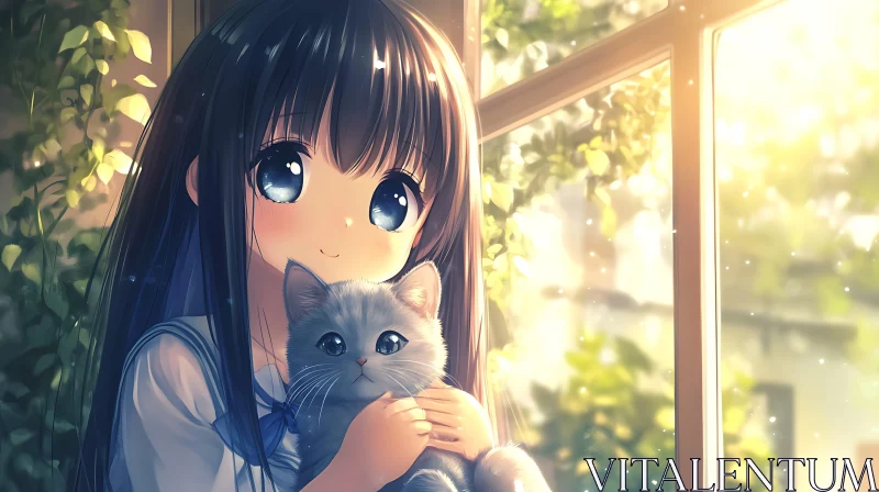 AI ART Cute Anime Girl Holding Cat with Sunlit Background