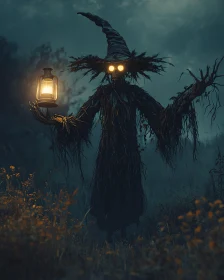 Eerie Scarecrow with Lantern in Dark Forest