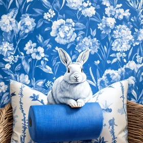 White Rabbit on Blue Floral Background