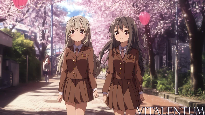 Schoolgirls in Blossom Boulevard AI Image