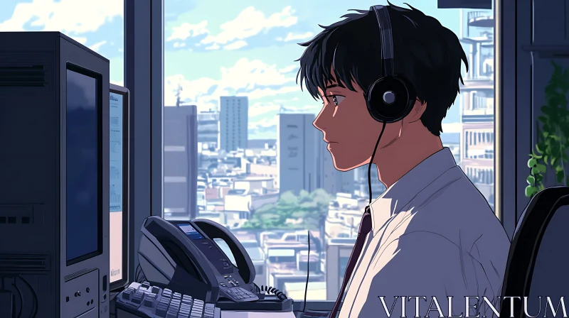 Anime Office Worker with City Background AI Image