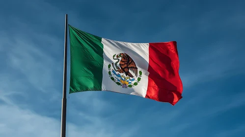 Mexican National Flag Against Blue Sky