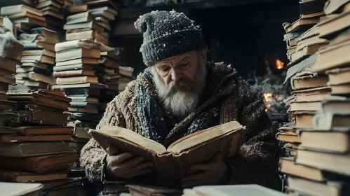 Old Man Reading in Library