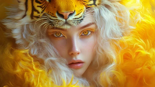 Golden Portrait of Woman with Tiger