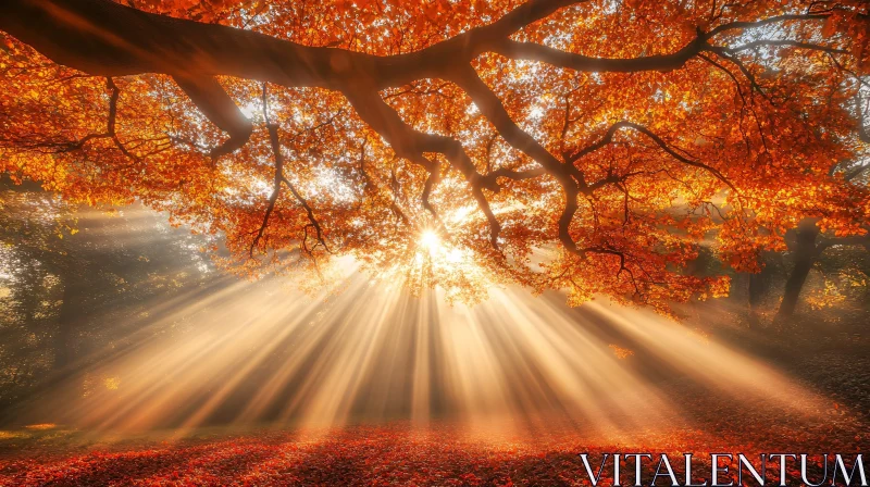 AI ART Autumn Forest with Sunlight Streaming Through Leaves