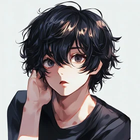 Expressive Anime Character with Messy Black Hair